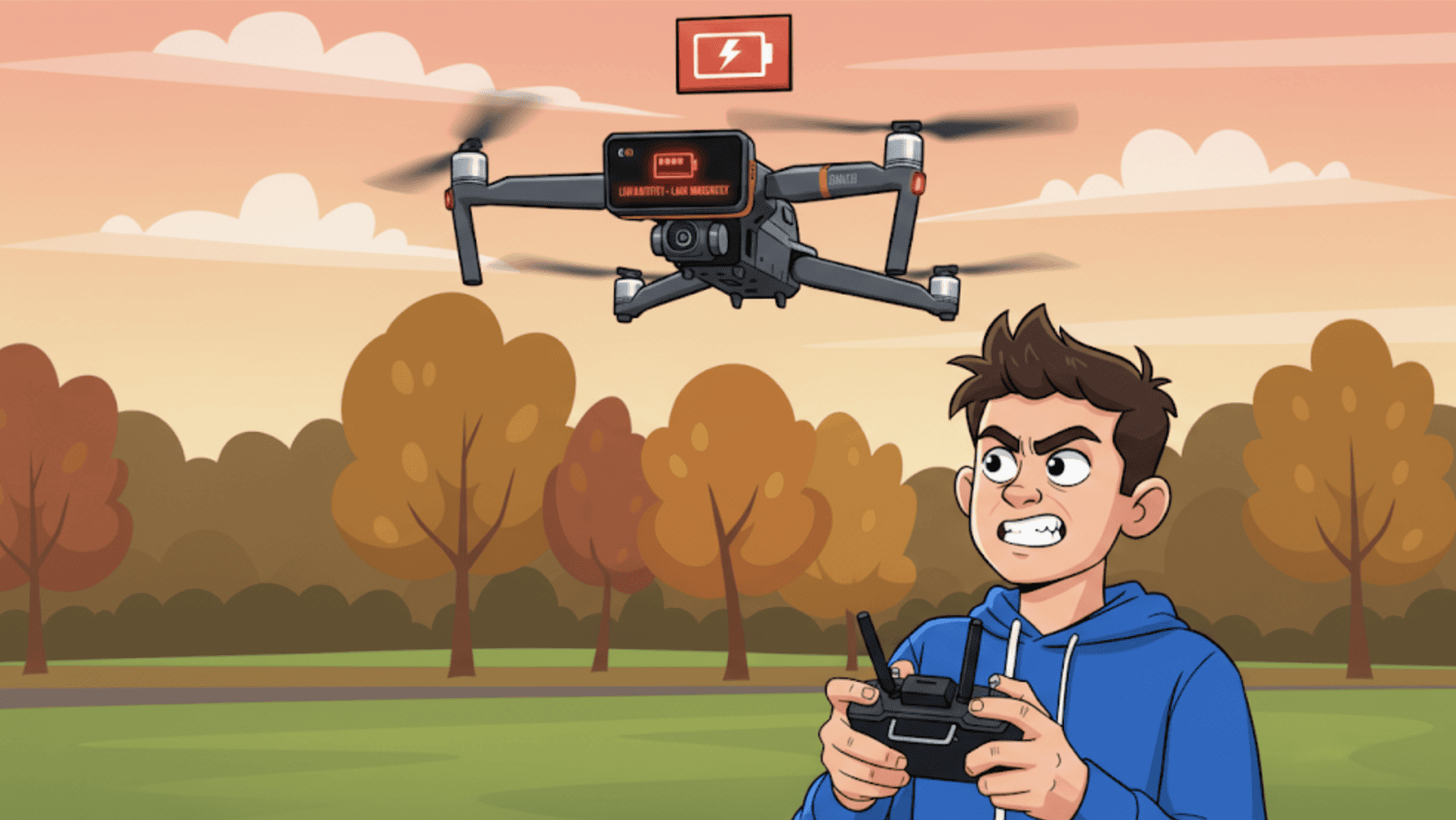 Animated illustration of a boy flying a drone with low battery and looking angry at short flight time
