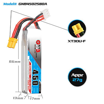 GNB-450MAH 2S1P 7.4V 80C LIPO BATTERY GNB-450MAH 2S1P 7.4V 80C LIPO BATTERY